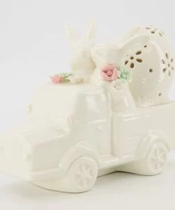 White Bunny Truck Easter Decoration 17x12cm